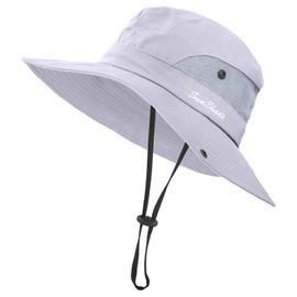 KIRAAT Women Ponytail Summer Sun Hat UV Resistant Foldable Mesh Wide Brim Beach Fishing Hat, lightgrey