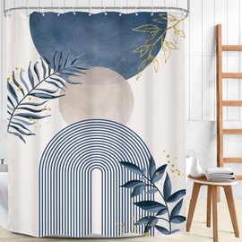 Mitpok Blue Gray Boho Shower Curtain 72Wx96H Extra Long Modern Bohemian Abstract Dusty Blue Gold Leaves Mid Century Plant Bathroom Decor Minimalist Geometric Bath Curtain Fabric Polyester 12 Pack Hook