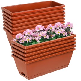 Lysjtsr 12Pcs 17Inches Rectangle Planter Box with Drainage Holes and Trays Plastic Planters Flower Boxes Pots for Indoor Outdoor Plants Patio Garden Home Decor Porch Yard (Red)