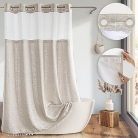 River Dream Linen Farmhouse Shower Curtain with Snap-in Liner, No Hooks Needed,with Magnets,with Tassels,Water Repellent&Machine Washable,71x86Inch