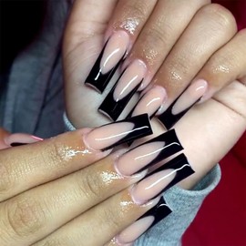 Black French Tip Press-On Nails: Extra Long, Square, Glossy, Full Cover, Acrylic Glue with Stick-On Nails - DIY Manicure Decoration