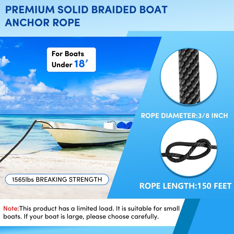 Premium Anchor Rope 150 ft x 3/8 inch, Solid Braid