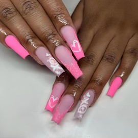 Valentines Day Press on Nails Medium Coffin Love Heart Fake Nails, Pink Glitter White Graffiti Heart Acrylic Nails, Frosted Gel False Nails Kit Salon Quality Stick Glue on Nails Tip, 24 Pcs