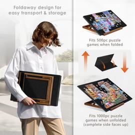 Tektalk Foldable Jigsaw Puzzle Board with 3 angle adjustable Bracket / Stand, Lightweight Portable Puzzle Mat Plateau with Wooden Easel, Foldaway Felt Puzzle Table, for Up to 1000 Pieces - Black
