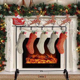 YEAHOME Christmas Stocking Holder Stand, Merry Christmas Metal Freestanding Stocking Hanger with Santa Claus Reindeer, 5 Hooks Stocking Stand for Xmas Decorations Indoor Home Living Room Fireplace