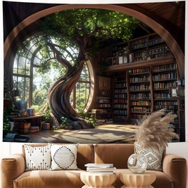 NYZE Library Tapestry Wall Haning, Magic School Bookshelf Tapestry Study Room Picture Large Book Tree House Medieval Tapestries Dorm Wall Art for Home Decor 90x70in