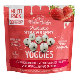 Nature's Garden Probiotic Strawberry Yoggies, 21oz (30 x 0.7oz), Yoggie Bites Strawberry Yogurt Covered Snack Pack, High Fiber, Delicious Real Fruit Pieces, No Artificial Ingredients, Healthy Snack for Adults