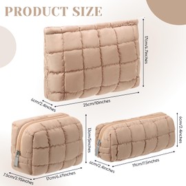 Huhumy 3 Pcs Puffy Makeup Bag Quilted Makeup Bag Cute Checkered Cosmetic Bag for Women Travel Toiletry Bag Puffer Makeup Pouch Puffy Purse Pouch Preppy Makeup Organizer Pencil Case with Zipper(Khaki)