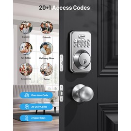 Keyless Entry Door Lock with 2 Knobs, Zowill DK01K Keypad Door Lock with Handle, Front Door Lock Set, Auto Lock, One-Touch Lock, One Time Code, IP54 Waterproof, Easy Installation - Satin Nickel