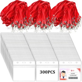 Kosiz 300 Set Lanyards with ID Holder Clear Horizontal Name Tags Badge Flat Neck Lanyards Waterproof Resealable Zip ID Card Holder for Adult Kid Business School Office(Red)