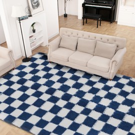 Super Soft Rug for Bedroom, 8x10 ft Blue and White Area Rug Classic Checkered Shaggy Rug Anti-Skid High Pile Soft Fluffy Rug Fuzzy Carpet for Living Room Bedroom Kids Room Nursery, Dorm