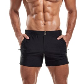 KOTENKO Men Swimwear Swimsuits Square Cut Swim Boxer Briefs Bikini Bathing Suits (Black, Medium)