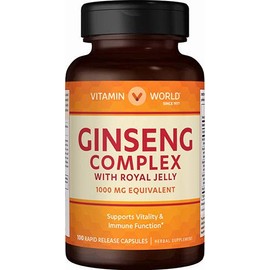 Vitamin World Ginseng Complex 1000 mg. 100 Capsules, with Royal Jelly, Supports Vitality, Immune Support, Rapid-Release, Gluten Free