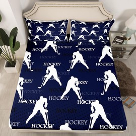 Feelyou Boys Ice Hockey Bed Sheet Set Twin Size Hockey Pucks Player Fitted Sheet for Kids Girls Winter Sports Hobby Blue Decor Bedding Set Bed Cover Deep Pocket,Top Sheet Not Included