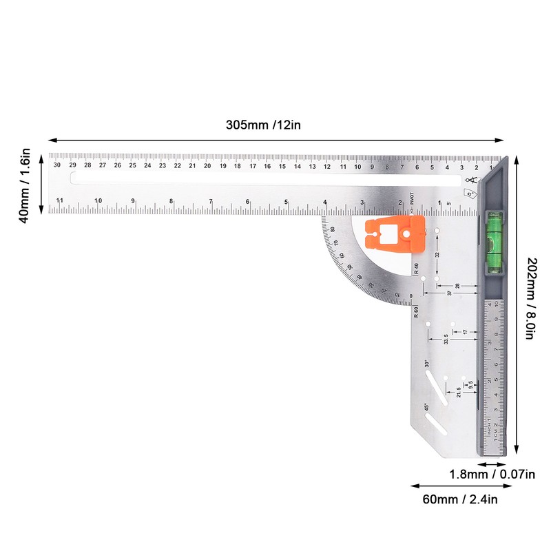 12in L Square Ruler Multifunction Scale Standard Carbon Steel Detachable