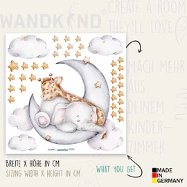WANDKIND Elephant and Giraffe on the Moon Wall Sticker V325 | Hand-Drawn | Sticker Nursery | Wall Sticker Children's Room Decoration with Stars (100 x 100 cm)
