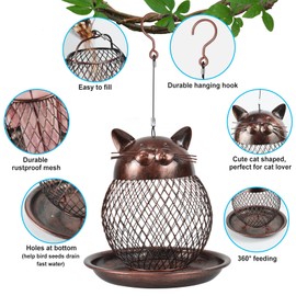 Outside Wild Bird Feeder, Heavy Duty Metal Frame Outdoor Bird Feeders Hanging for Garden Yard Decoration, Cute Cat Shaped