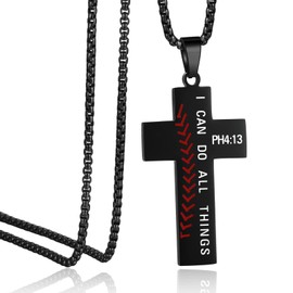 HattiDoris Baseball Cross Necklace for Men Stainless Steel Chain 22+2 inch Bible Verse PHILIPPIANS 4:13 I CAN DO ALL THINGS Baseball Cross Pendant Inspirational Baseball Jewelry Gift for Men（Black）