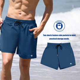 BRISIRA Mens Swim Trunks 5 Inch Compression Liner Beach Swim Shorts Bathing Suit Quick Dry 4-Way Stretch Pockets Copen Blue