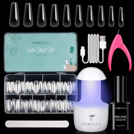 Tomicca Nail Tips and Nail Glue Set Fake Nails Tips Starter Set with Mini Nail Lamp and 2 in 1 Nail Glue, 500 Pieces Soft Gel Nail Tips Set Coffin Nail Extension Set Gift for Her Nail Kit