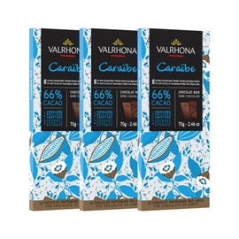 Valrhona Dark Chocolate CARAIBE 66% Cacao Tasting Bar - Gourmet French Chocolate. Nutty & Earthy. Great for Eating, Baking & Premium Couverture, Frostings, Sauces, Deep Dark Brownies 70g (Pack of 3)