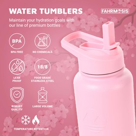 FAHRMOSIS 40 Oz Water Bottle with Strap Stainless Steel Sports Water Bottle with 3 Lids (Straw, Chug and Flip Lid) Insulated Leak Proof Metal Jug for Men & Women - Pink (Solid)