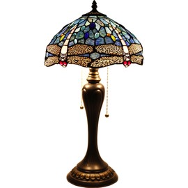 WERFACTORY Tiffany Table Lamp Sea Blue Stained Glass Dragonfly Style Bedside Lamp Desk Reading Light 12X12X22 Inches Decor Bedroom Living Room Home Office S631 Series