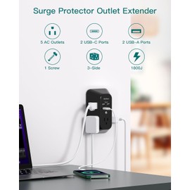 Power Bar, USB Wall Charger Surge Protector 5 Outlet Extender with 4 USB Charging Ports (2 USB C), Multi Plug Outlet, 3-Sided 1800J Outlets Splitter for Home Office Dorm, Black