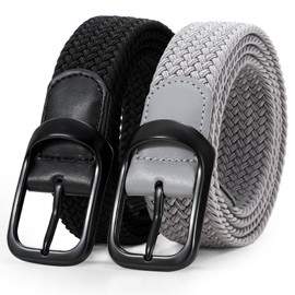 WERFORU 2 Pack Stretch Woven Belts Men's Elastic Braided Belt 1 3/8 Casual Golf Belt for Jeans Pants Black+Grey