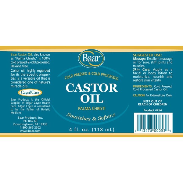 Baar Cold-Pressed, Cold-Processed, Hexane Free Castor Oil, 4 Ounces