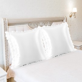 PiccoCasa Set of 2 Cushion Covers, Satin Cushion Covers with Romantic Ruffles, Plain Smooth Shiny Cushion Cover with Envelope Closure, White, 80 x 80 cm