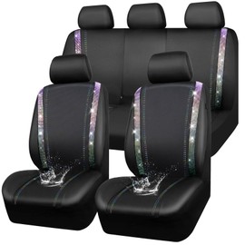 CAR PASS Bling Diamond Car Seat Covers Full Set, Shining Rhinestone Waterproof Faux Leather, Rear with Zipper, Universal Fit Automotive Glitter Crystal Sparkle Strips for Cute Women Girl,Muticolor