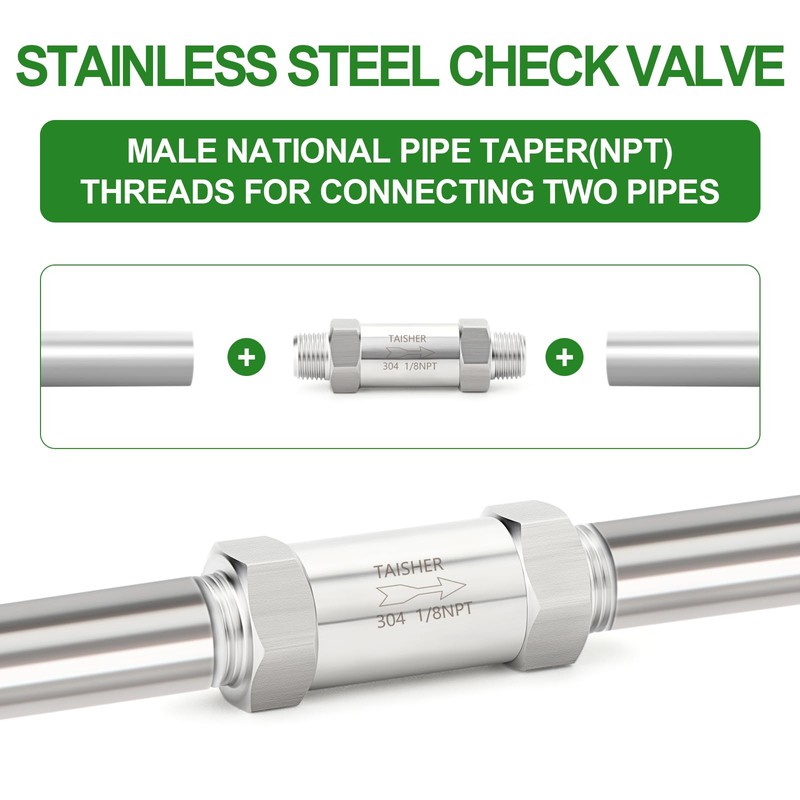 TAISHER 1PCS 304 Stainless Steel 1/8" NPT Male Check Valve,Backflow