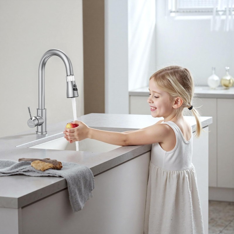 Kitchen Faucet With Pull Down Sprayer, Hurran Brushed Nickel Water