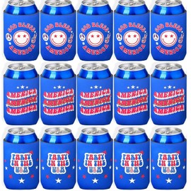 HOUSE OF PARTY 4th of July Can Cooler | 15PCS Beer Can Coolers Sleeves Bulk for Soda Drink Bottle | Patriotic Red White Blue Can Cooler Covers for Independence Memorial Day Party Supplies Decorations