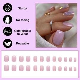 Ceboic Pack of 24 Glue-On Nails Short, Purple Shiny French Artificial Nails, Press On Nails with Nail Glue Sticker, Square Acrylic Full Cover Artificial Fingernails for Women and Girls