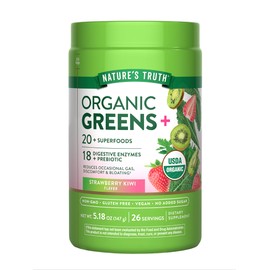 Nature's Truth Organic Greens Powder | 20 Plus Superfoods | 5.18 Oz | Digestive Enzymes & Prebiotic Blend | Strawberry Kiwi Flavor | Vegan, Non-GMO & Gluten Free Supplement