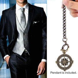SIBOSUN Men's Double Albert Chain Pocket Watch T-Bar Watch Chain Curb Link Key Chain 3 Hooks with Antique Compass Pendant Design Charm Fob Bronze
