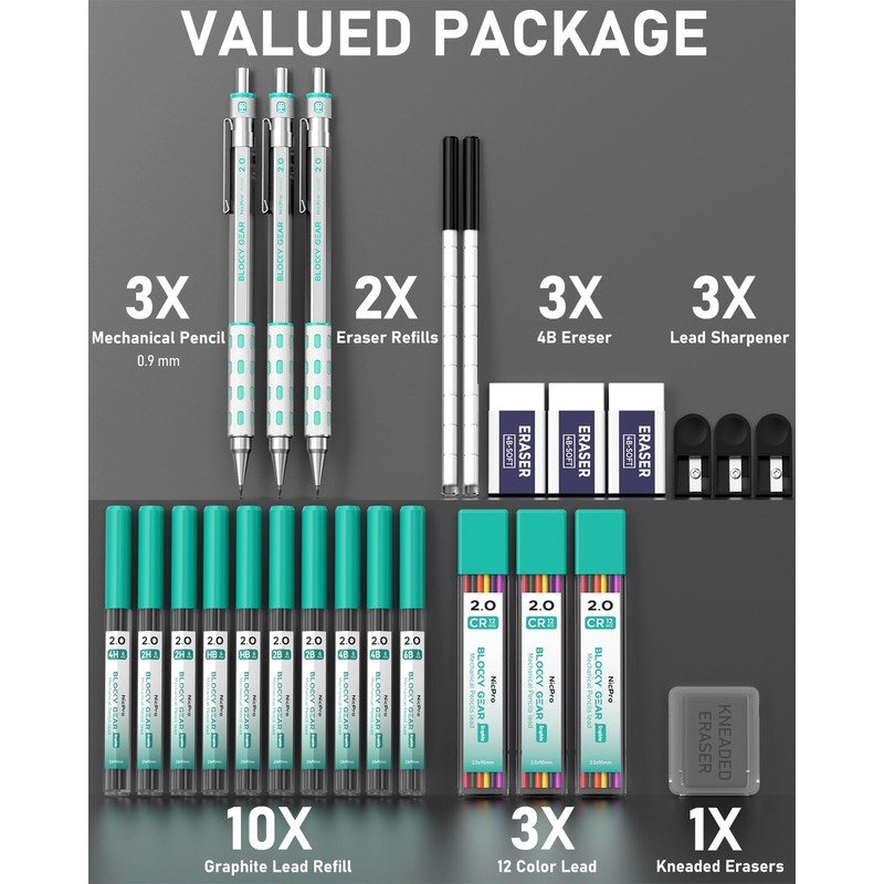 Nicpro 3 Pack Blocky Gear 2.0 mm Metal Mechanical Pencils