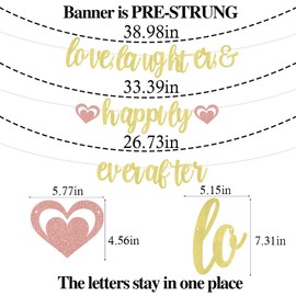 AROKIPPRY Pre-Strung Love Laughter & Happily Ever After Banner - Gold Glitter Bachelorette Wedding Bridal Party Banner - Bridal Shower Bridal Engagement Party Decorations