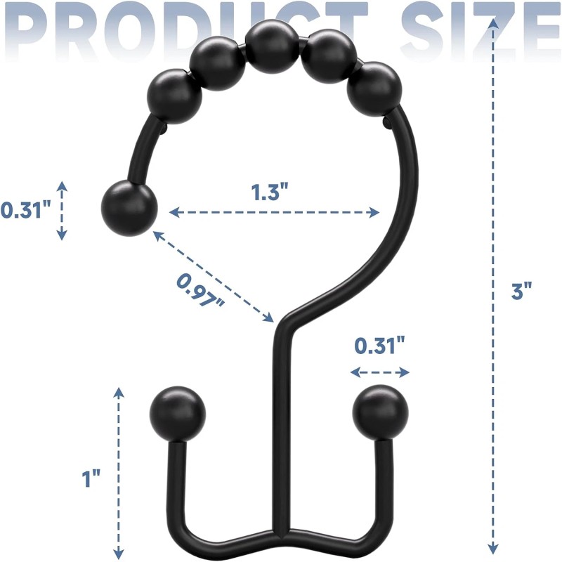 Titanker Black Shower Curtain Hooks Rings, Rust-Resistant Metal Double Glide