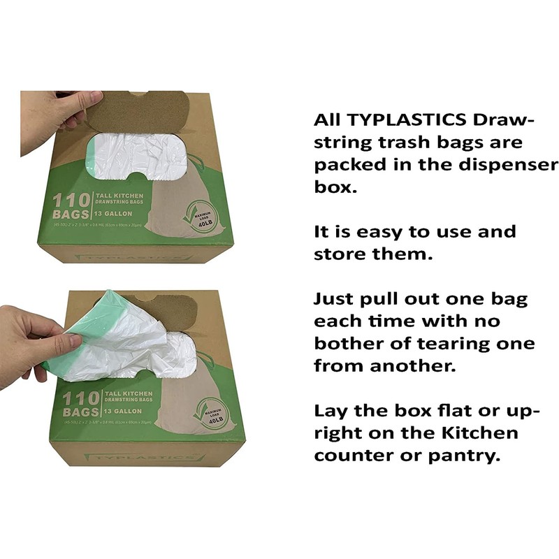 TYPLASTICS Tall Kitchen Drawstring Trash Bags, 13 Gallon, 110 Count