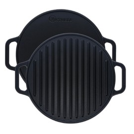 Victoria Round Cast Iron Grill. Double Burner Griddle, with Removable Coil Handles Seasoned with 100% KoBibir Certified Non-GMO Flaxseed Oil, 12.5 Inch, Black