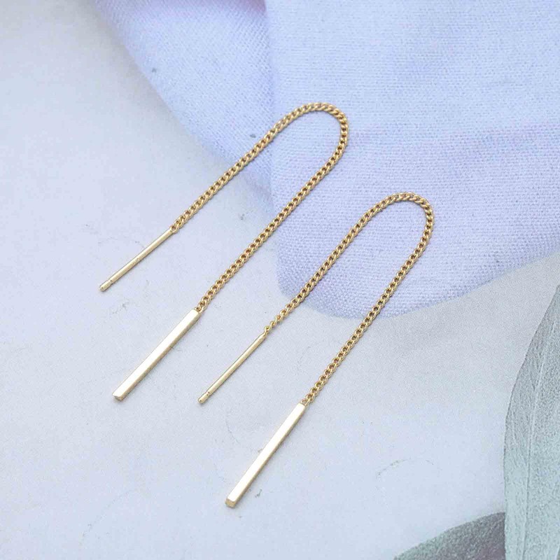 Aneneiceera Vintage Long Bar Threader Chain Earrings Gold Vertical Bar