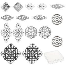 SUNNYCLUE 1 Box 8 Styles Vintage Filigree Joiners Connectors Charms Tibetan Flower Flat Round Oval Rectangle Links Pendants for Women DIY Earrings Necklace Bracelet Making, Antique Silver