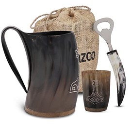 Lahumzco Viking Drinking Ox Horn Mug Medieval Ale Beer, Stein Mead Norse Style Thor Engraved Polish Finish Gift Mugs With Shot Glass/Cup and Bottle Opener