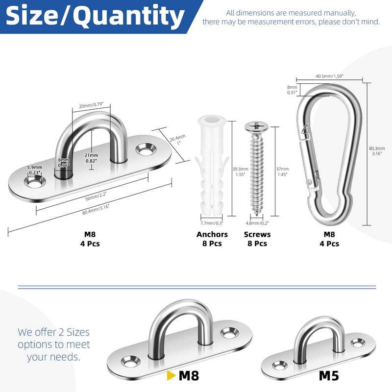 Glarks 24pcs M8 Stainless Steel Pad Eye Plate Hook and
