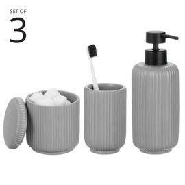mDesign Fluted Resin 3-Piece Bathroom Vanity Countertop Accessories - Soap Dispenser, Tumbler Rinsing Cup, and Canister Holder Sets - Complete Modern Counter Aesthetic - Set of 3 - Gray