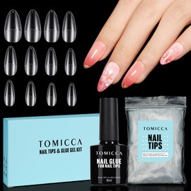 TOMICCA Matte Nail Tips Almond & 8ml Nail Glue Kit,120 PCS Medium Almond Full Cover Artificial Soft Gel Nail Tips, no file, For Quickly Extend Nails, Nail Salons and Home