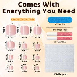 Bellelfin Short Press on Toenails, 240Pcs Nude Pink Fake Toes Nails Kit Full Cover Glossy False Toenail Press ons Solid Color Acrylic Glue on Toenails for Women Girls
